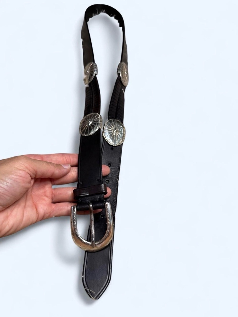 Cole Haan Black Leather Belt with Silver-Tone‎ Western Conchos - Picture 4 of 7